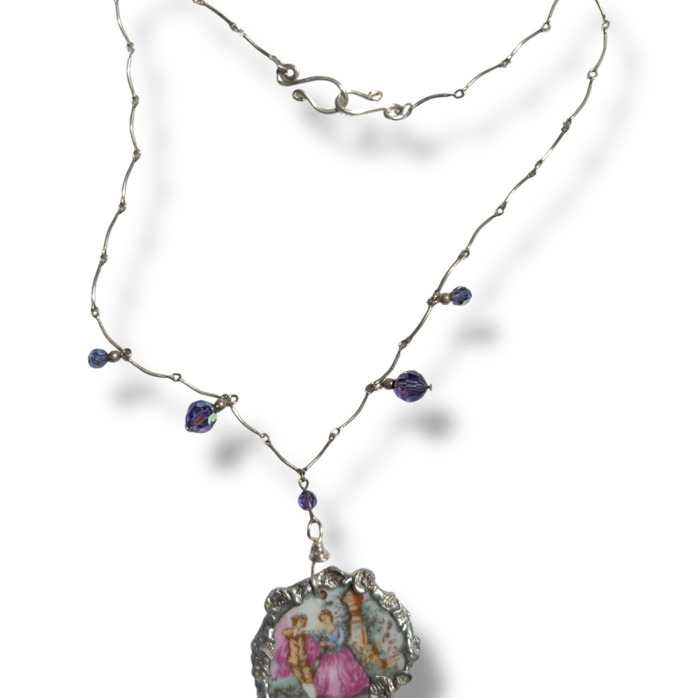 Broken China Hand-Painted Porcelain Fragonard Cameo w/ Sterling Silver Necklace - Picture 9 of 10